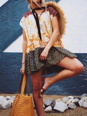 Free People Gotta Have You Tunic Boho Blouse | Marigold Combo SZ S